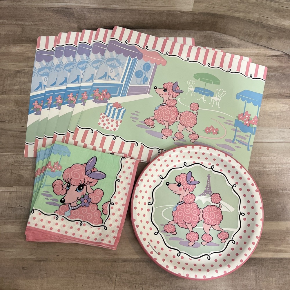 Vtg 2004 Pink Poodle In Paris Party Pack For 8 Activity Placemats Plates Napkin